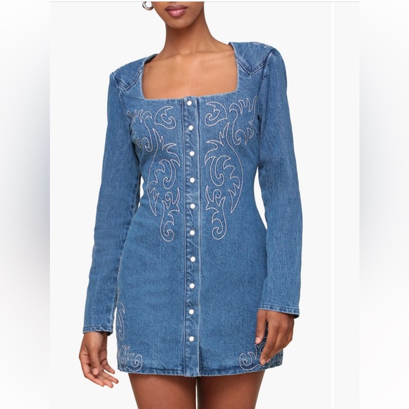 Avec Les Filles Western Embroidered Denim Dress in Provence Wash 8 - Picture 1 of 11